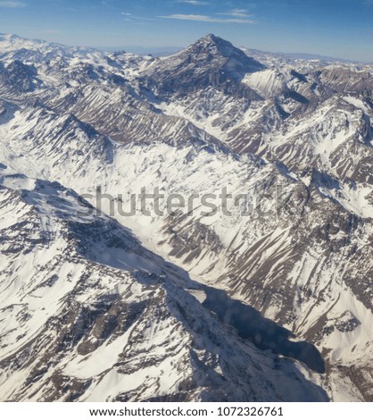 Mount Aconcagua in Mendoza, Andes Mountain Range, border between Argentina and Chile. Argentina (highest pick in America continent). Aerial photo.