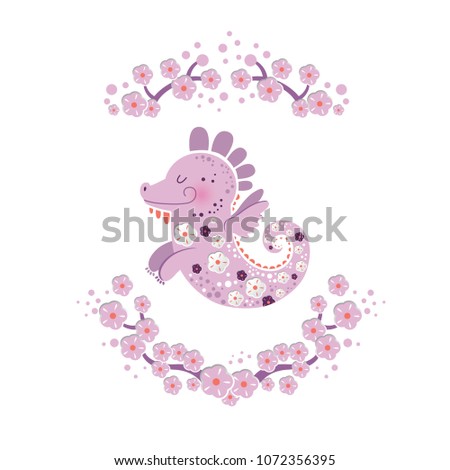 Illustration of dragon in cartoon style with floral decorated. Ideal for baby posters, spring season greetings, invitations, textile prints. Nursery design. Vector illustration