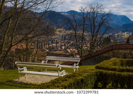 Small park with benches overlooking the city in Škofja Loka, Slovenia