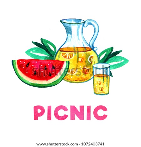 Hand drawn watercolor illustration with lemonade, watermelon and leaves. Picnic, summer eating out and barbecue on white background