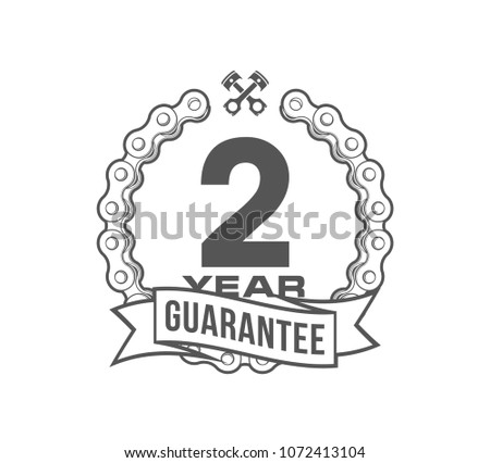Vector illustration Two Years Warranty icon background with ribbon and moto chain isolated on white. Poster, label, badge or brochure template. Banner with Logo 2 years guarantee Label obligations