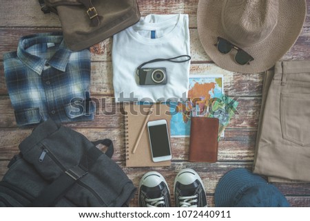 hipster travelling hiking day off long weekend relaxing stuff backpacker 
style Overhead flat choice guiding backpacking idea planning travel 
around the beautiful sky world forest jungle garden park