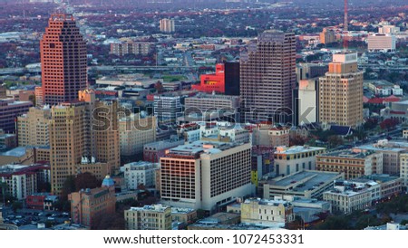 An aerial of San Antonio, Texas city center at twilight