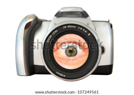 Camera with an eye in the zoom lens. Concept: An eye for photography