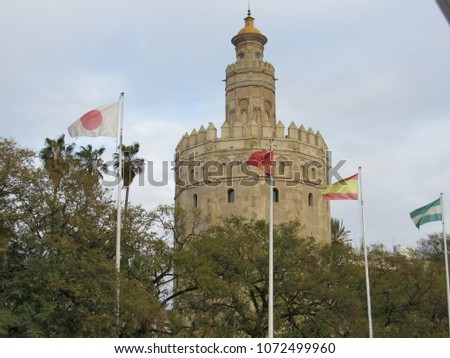 The Torre de Oro, or Tower of Gold in English, located in Seville, Spain 