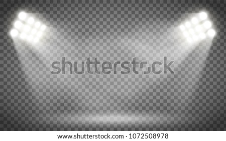 Searchlight illuminates the blank backdrop. Template with floodlight for presentation on a transparent background. Stock vector illustration. Royalty-Free Stock Photo #1072508978