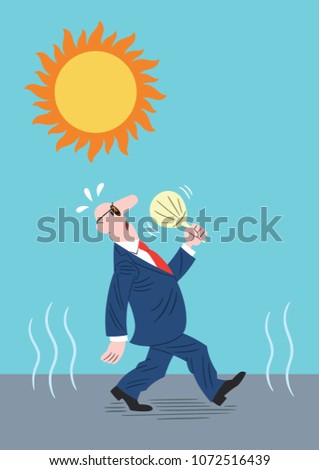 A man walking very hot and fanning himself under a blazing sun