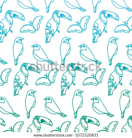 degraded line toucan with butterfly and bird animals background