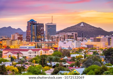 Tucson, Arizona, USA downtown skyline with Sentinel Peak at dusk. Royalty-Free Stock Photo #1072532069