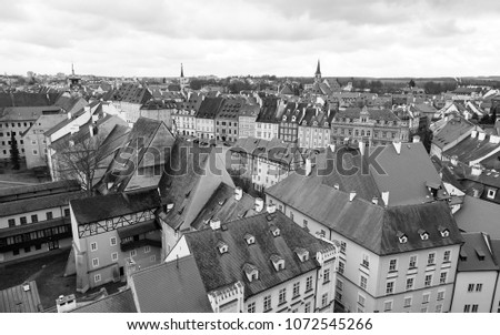 Cheb Eger city town center aerial view, cityscape view, black and white historic photo