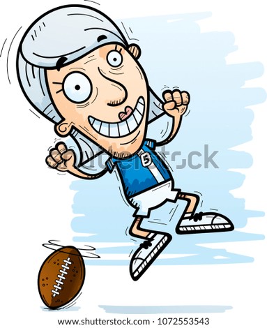 A cartoon illustration of a senior citizen woman football player jumping.