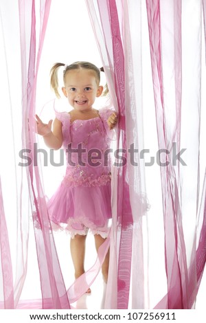 A happy preschooler wearing a pink princess dress, emerging through a curtain of sheer pink strands  On a white background.
