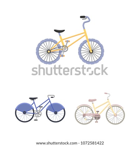 Various bicycles cartoon icons in set collection for design. The type of transport vector symbol stock web illustration.