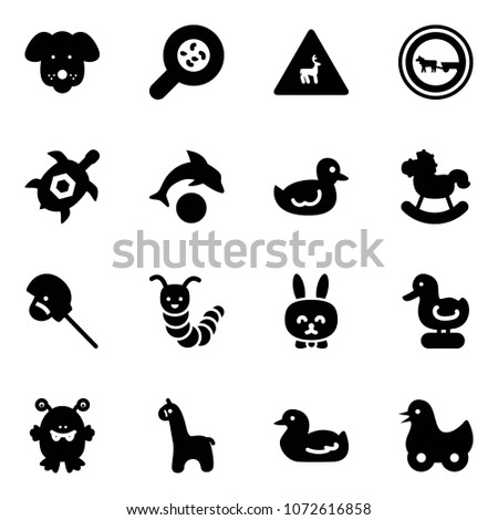 Solid vector icon set - dog vector, bacteria, wild animals road sign, no cart horse, sea turtle, dolphin, duck toy, rocking, stick, caterpillar, rabbit, monster, giraffe