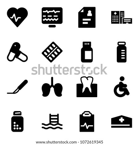 Solid vector icon set - heart pulse vector, diagnostic monitor, patient card, hospital building, pills, blister, bottle, vial, scalpel, lungs, tooth, disabled, pool, clipboard, doctor hat