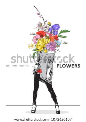 Pretty stylish girl in sketch-style with a flowers head. Vector illustration.