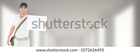 Delivery Courier holding blank sign in front of blurred background
