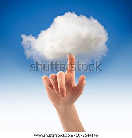 Finger and white cloud. Working with touch screen. Cloud service. Virtual cloud concept.