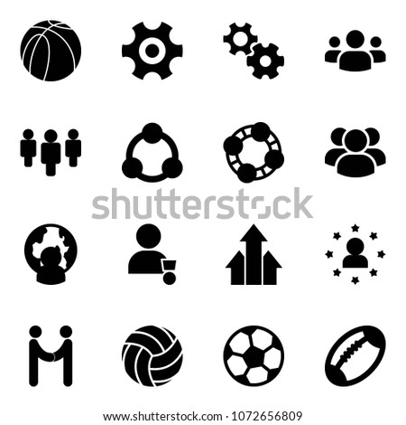 Solid vector icon set - basketball ball vector, gear, group, social, friends, man globe, winner, arrows up, star, agreement, volleyball, soccer, football