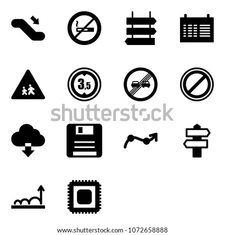 Solid vector icon set - escalator down vector, no smoking sign, post, schedule, children road, limited height, end overtake limit, parking, download cloud, save, chart point arrow, signpost, growth
