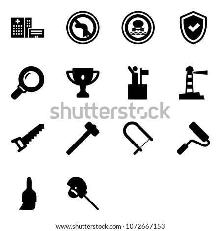 Solid vector icon set - hospital building vector, no left turn road sign, dangerous cargo, shield check, magnifier, gold cup, win, lighthouse, saw, sledgehammer, fretsaw, paint roller, brush