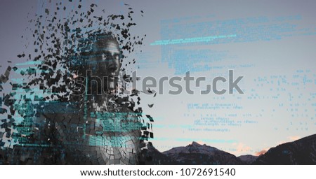 Digital composite of Blue code against black male AI and mountain tops and sky