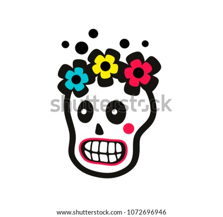 Sugar skull of pretty girl with flowers on the head. Vector illustration.