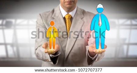 Unrecognizable mediator balancing a huge blue collar worker icon versus a smaller white collar employee. Concept for alternative dispute resolution, workplace mediation, empowerment of working class.