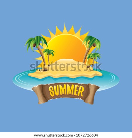 vector summer label with island tropical beach, sun, palm trees, clouds and vintage ribbon for text. summer fun vector design elements set isolated on blue background