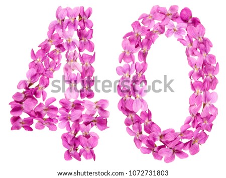 Arabic numeral 40, forty, from flowers of viola, isolated on white background
