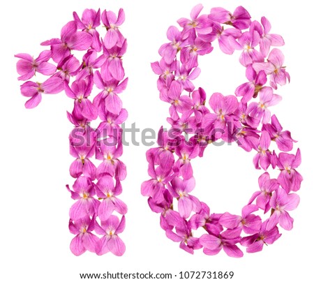 Arabic numeral 18, eighteen, from flowers of viola, isolated on white background