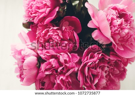 lovely pink peonies  at rustic white wooden window in morning light, space for text. floral greeting card mock-up. happy mothers day concept or valentines. beautiful spring image