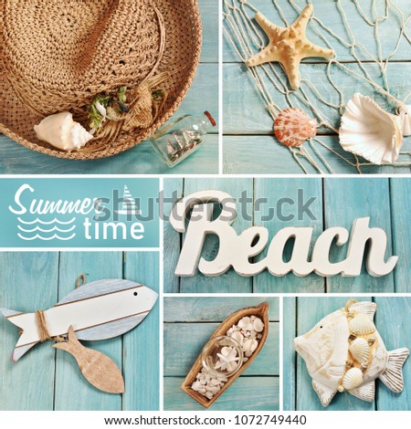 summer pictures collage with top view of beach accessories and letters on blue wooden board