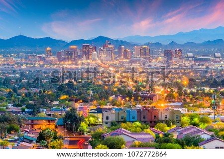 Phoenix, Arizona, USA downtown cityscape at dusk. Royalty-Free Stock Photo #1072772864