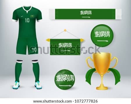 Saudi Arabia soccer set collection. Concept design of soccer elements with uniform,exchange flag,soccer ball,cheering scarf and trophy cup with flag in vector illustration
