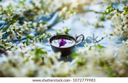 Water. Metal cup. Cup with pink flowers. Purple flowers in metal cup. Spring fruit trees white flowers photo. Natural wooden background with white flowers fruit trees and space for text. Top view.