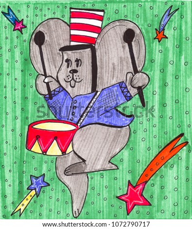 Illustration drawing of colors circus mouse playing on a drum on background