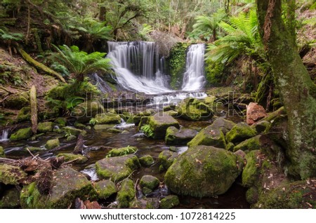Horseshoe Falls lies within Tasmania, Australia. It is situated in lush, green rainforest. Long exposure with moss covered rocks in the foreground. 3