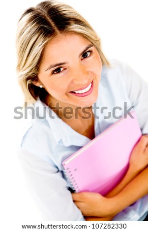 Female student holding a notebook - isolated over a white background