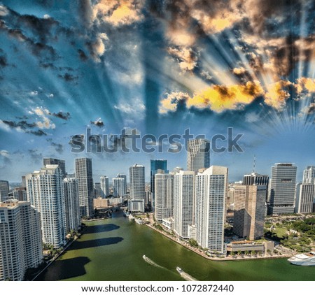 Sunset aerial scenery of Downtown Miami.