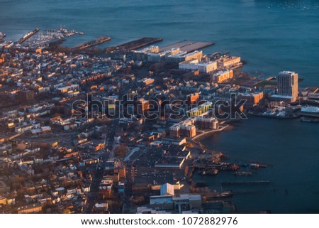  Aerial view of Boston at sunset,