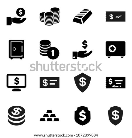 Flat vector icon set - gold ingot vector, investment, coin stack, check, dollar shield, safe, monitor