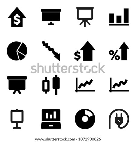 Flat vector icon set - presentation vector, graph, pie, japanese candle, laptop, crisis, percent growth, dollar, board, power plug