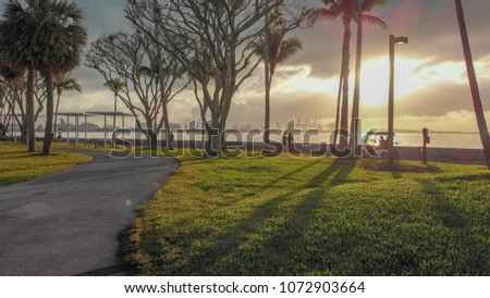 Palms of Brickell Key, Miami at dawn, aerial view.