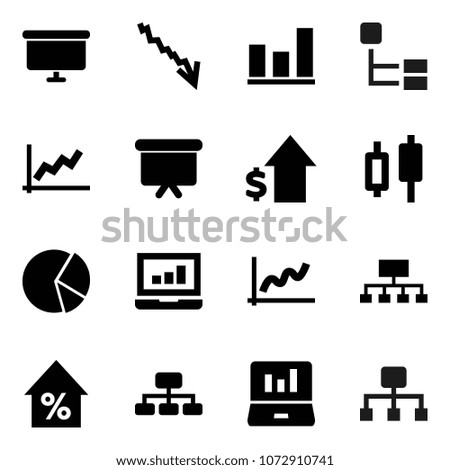 Flat vector icon set - graph vector, pie, japanese candle, laptop, crisis, percent growth, dollar, presentation board, hierarchy