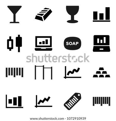 Flat vector icon set - soap vector, graph, gold ingot, japanese candle, laptop, horizontal bar, glass, barcode