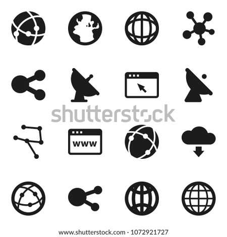 Flat vector icon set - world vector, earth, satellite antenna, internet, social media, connection, network, browser, share, cloud download, globe