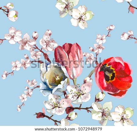 3 tulips and blooving branch watercolor on blue sky background seamless pattern for fabrics, paper