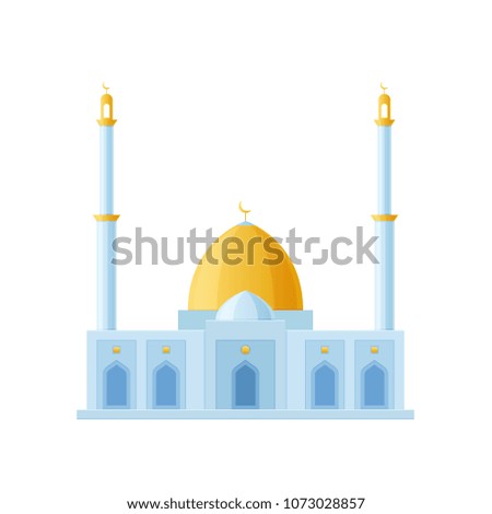 Great building of the mosque. World sight, architectural building of Moslems, mosque. Traditional Arabic ornament, golden roof. Communion with God, prayer, faith. Vector illustration.