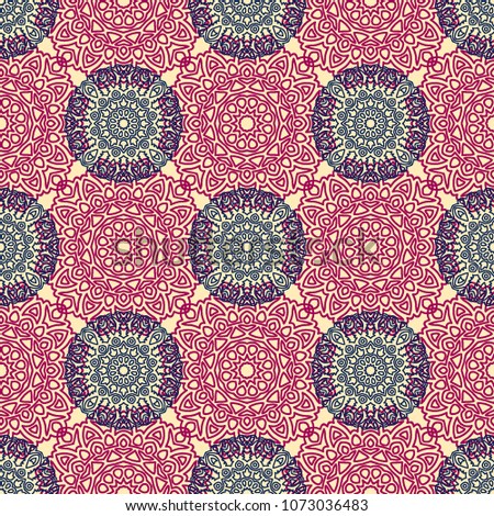 Seamless Orient Pattern made of Ethnic Mandalas. Lacy Grid  for Rapport, Print, Textile. Damask Ornament for Wallpaper in Vintage Style. Islam, Arabic, Indian, Ottoman Pattern